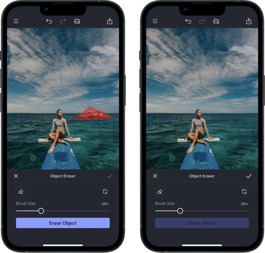 Before and after using object remover to remove unwanted buoy from ocean scene.