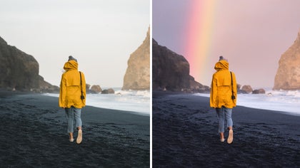 A before-and-after of a woman in a yellow coat on the beach, with the sky replaced to add a rainbow.