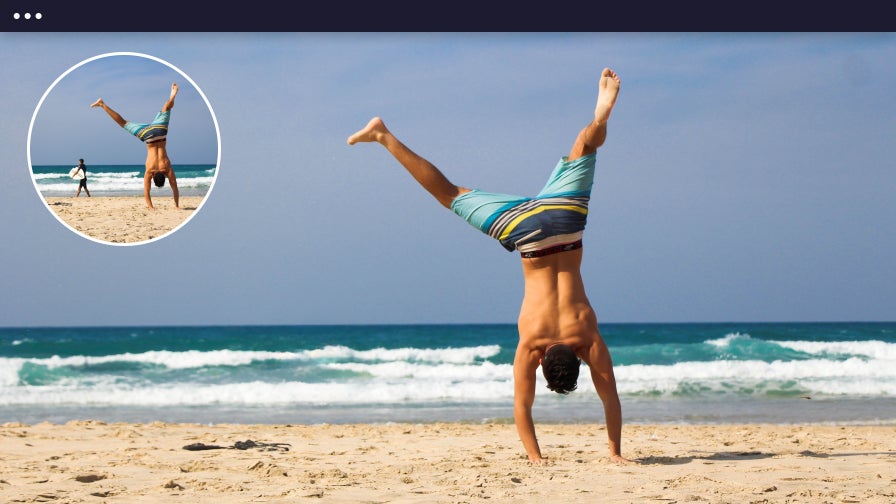 Man flipping on beach using object remover to remove people in background
