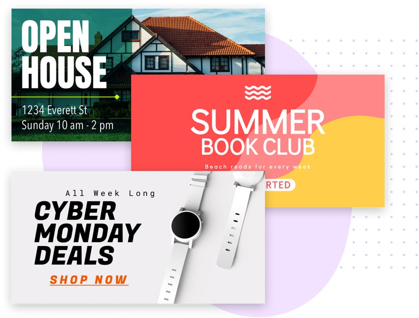 Banner maker templates for an open house, summer book club, and Cyber Monday deals, showcasing design options.