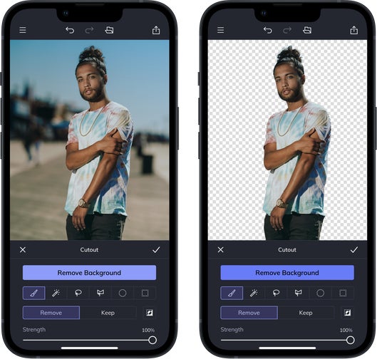 A mobile app interface showing a before-and-after of a person with the background removed on BeFunky’s tool..