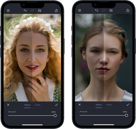 Two smartphones showing portraits before and after using a portrait enhancer, with smoother skin and brighter tones applied to women’s faces