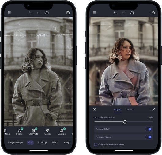 Mobile app UI showing before and after results with ai old photo restorer feature
