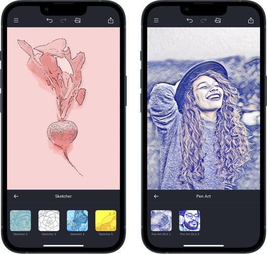 A side-by-side view of two mobile phones displaying the BeFunky app, showcasing the photo-to-sketch conversion tool with different sketch styles.