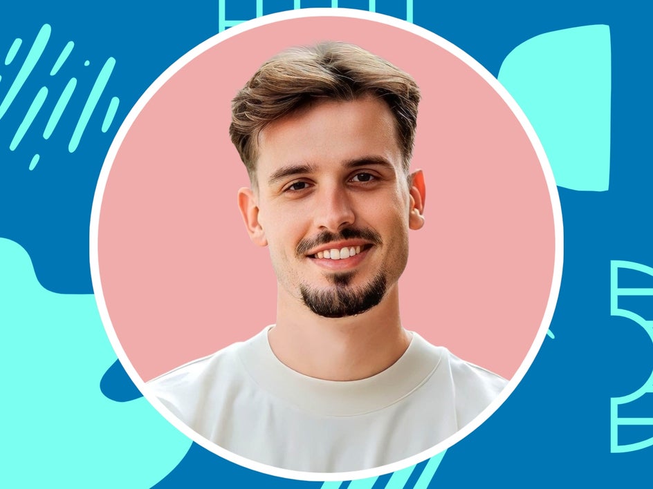 After: Same portrait with plain, pink background for a pop of color and professionalism.