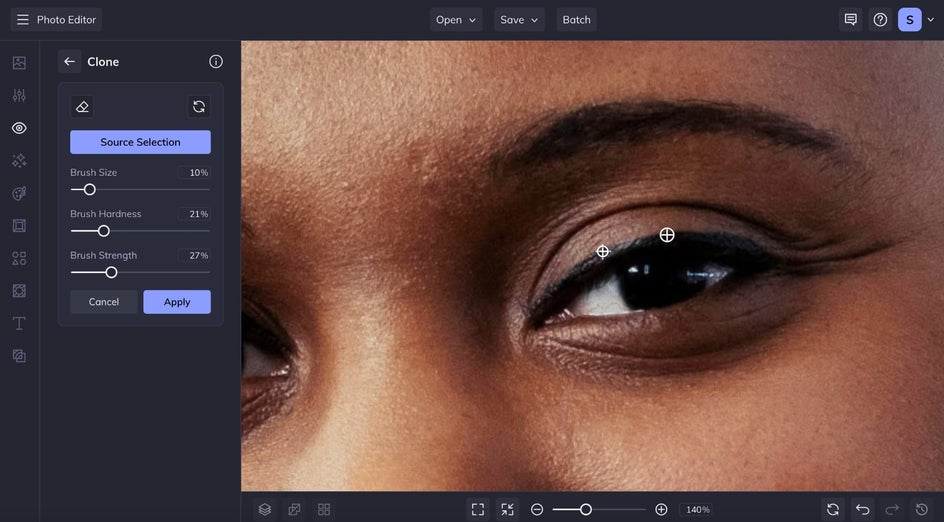 Close up of Clone tool used to fix makeup of subject