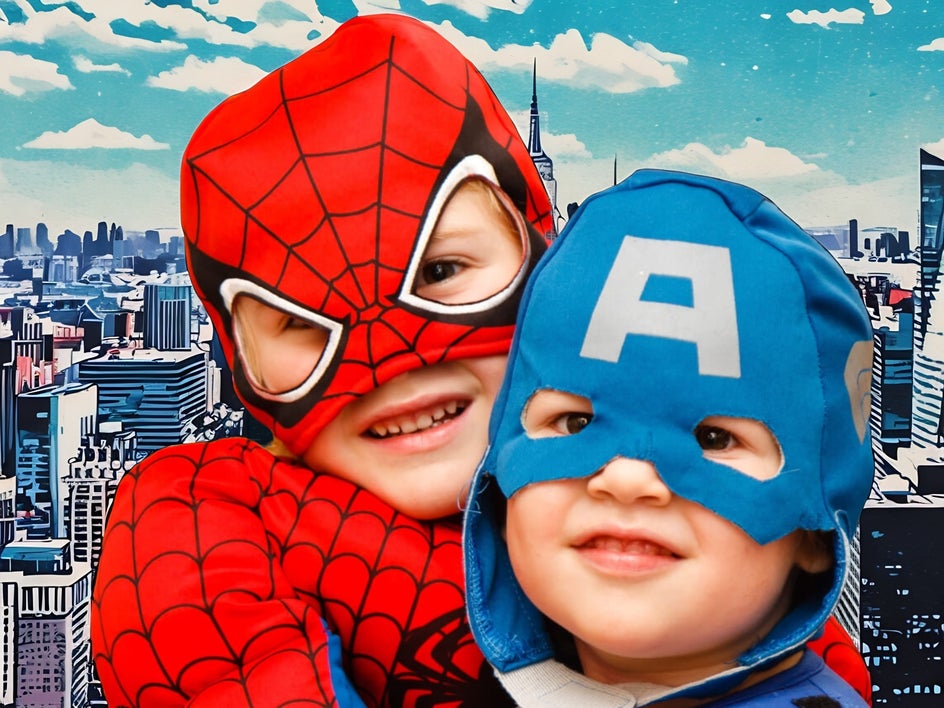 superhero kids with pop comic applied to background