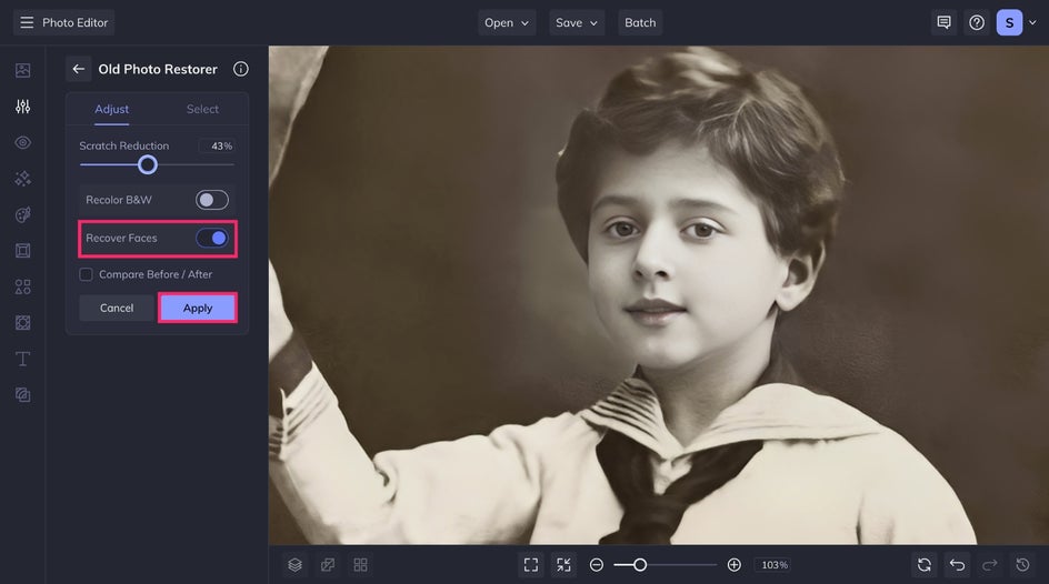 apply old photo restorer recover faces feature