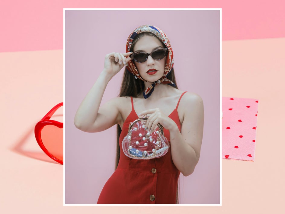 before: photo to cartoon of woman wearing red dress and sunglasses