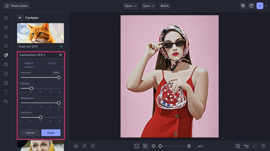 photo to cartoonizer gfx 1 settings menu