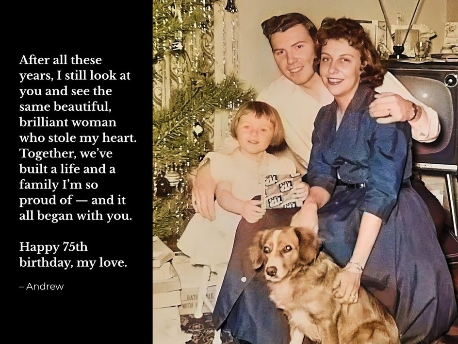 After: same birthday card with family photo colorized and restored