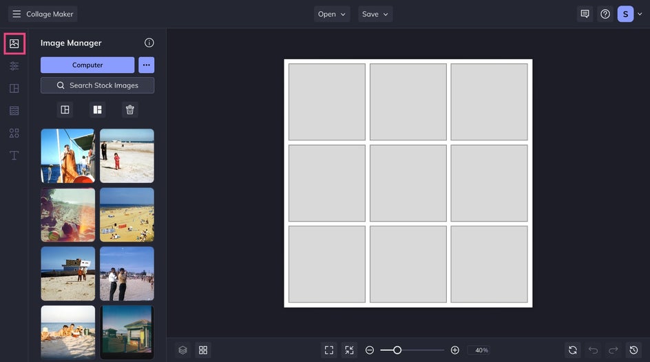 Screenshot of BeFunky’s Collage Maker interface with the Image Manager panel open, showing photo thumbnails being dragged into a blank collage layout.