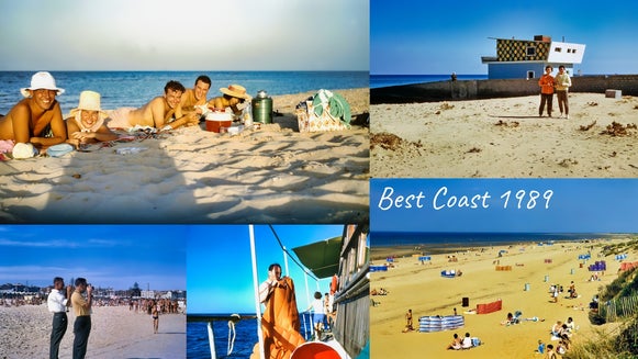 A vibrant travel-themed collage combining restored old photos and vintage postcards in a grid layout.