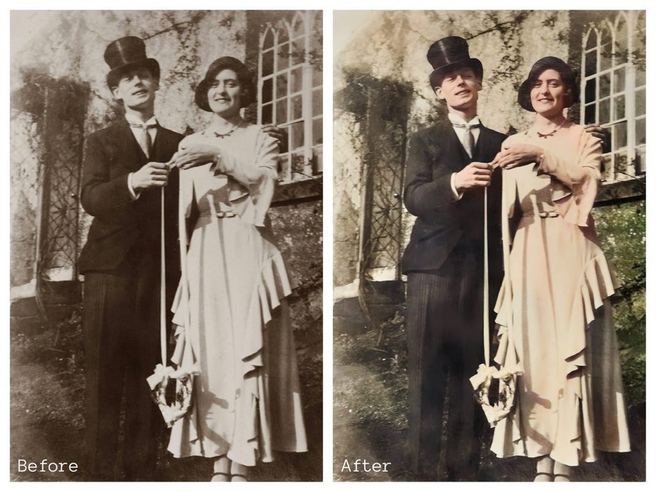 collage of side-by-side vintage portrait of couple – before and after colorizing from old photo restorer