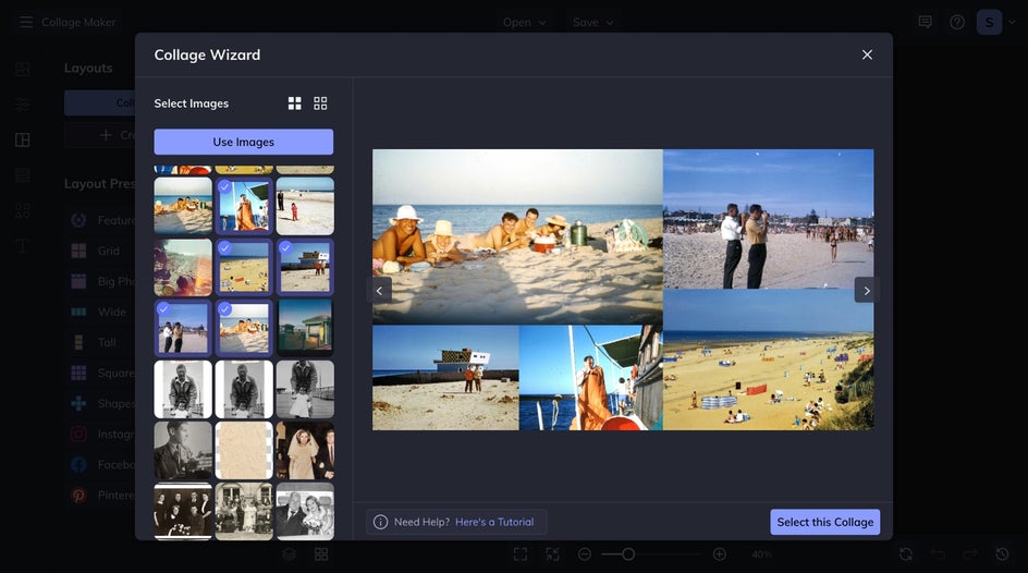 collage wizard interface for creating instant collages
