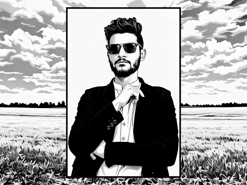 after: same portrait with comic noir gfx applied for black and white comic effect