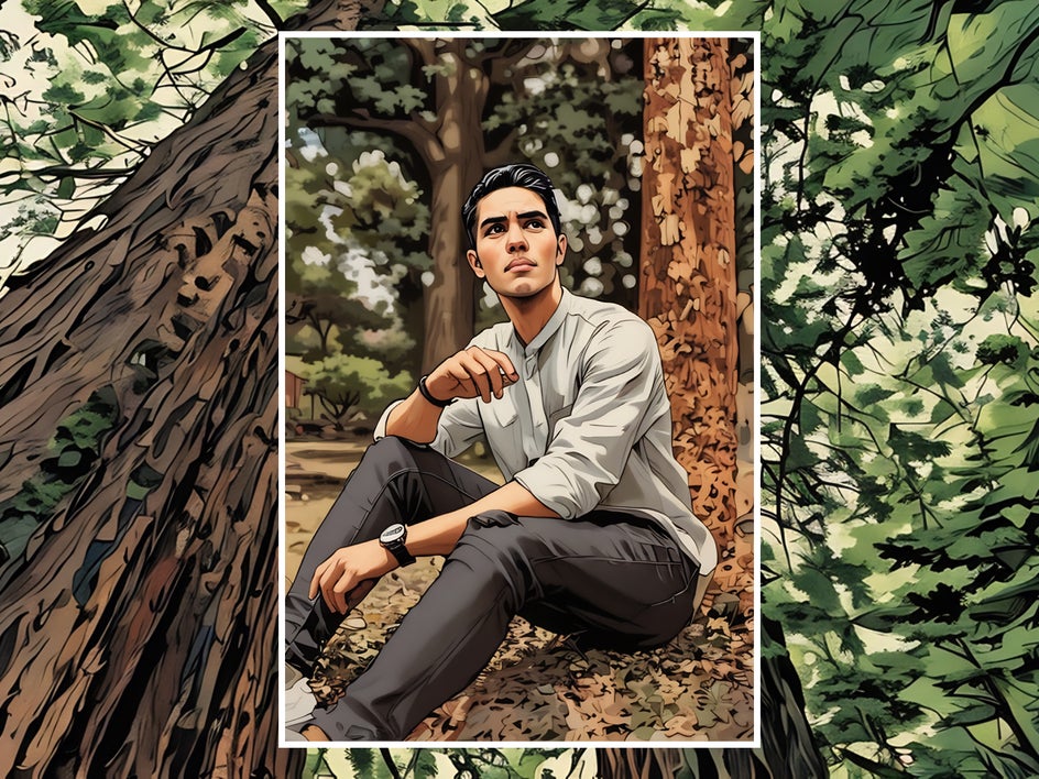after: graphic novel applied to same portrait for classic graphic novel effect
