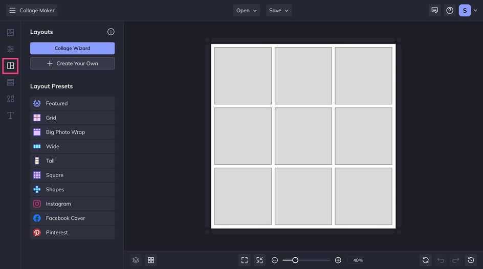 Screenshot of the Layouts tab in BeFunky’s Collage Maker, displaying multiple collage layout options including symmetrical grids and photo strips.