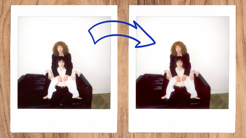 polaroid portrait of two women before and after old photo restorer