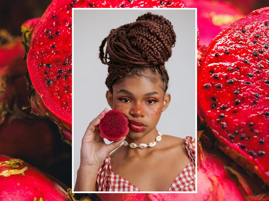 before: portrait of woman with braids and passion fruit