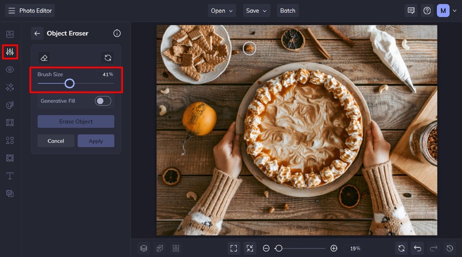 Object Eraser in Photo Editor adjusting the brush size