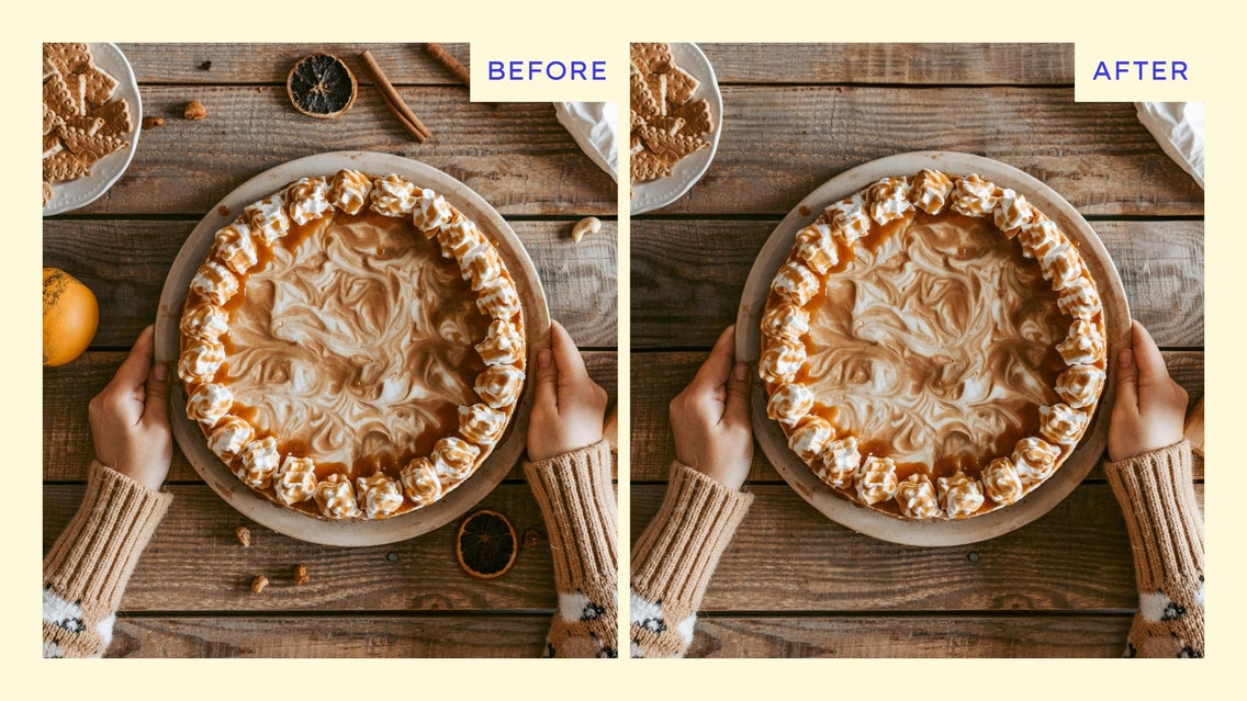 Side-by-side comparison of a top-down photo featuring a pie on a wooden table. The left side shows baking clutter around the pie, including utensils and ingredients. The right side shows the same photo with all clutter removed, leaving only the pie on a clean surface.