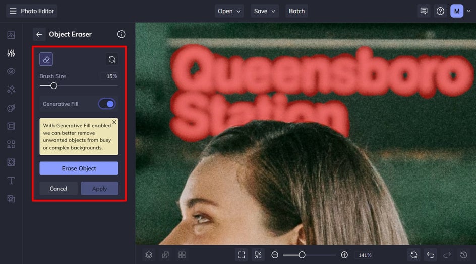 use object eraser to remove specific text from background