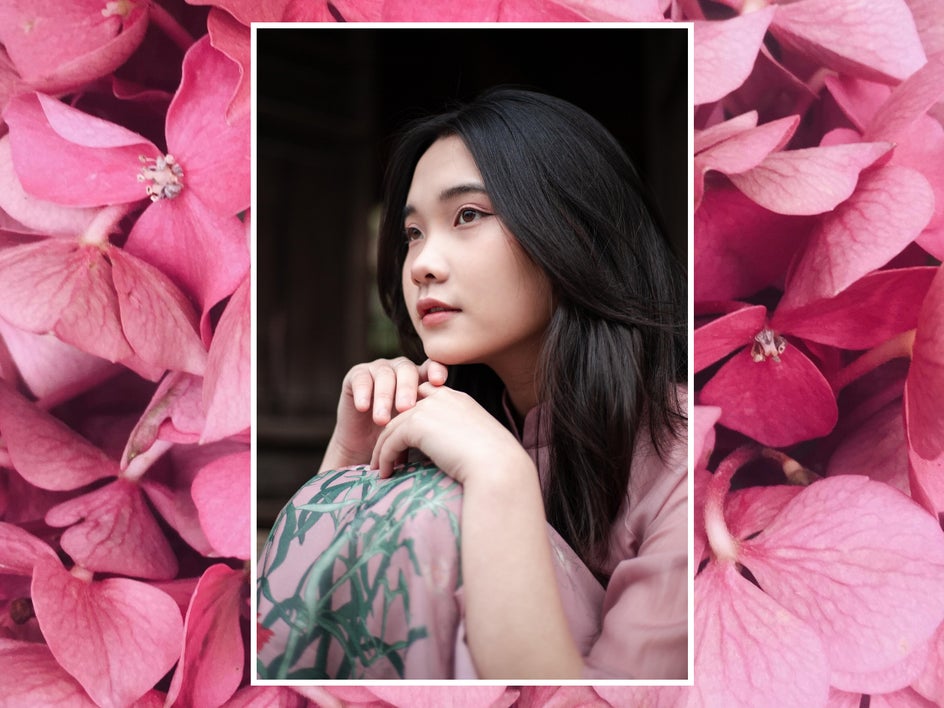 before: female portrait with pink clothes and pink flowers in background