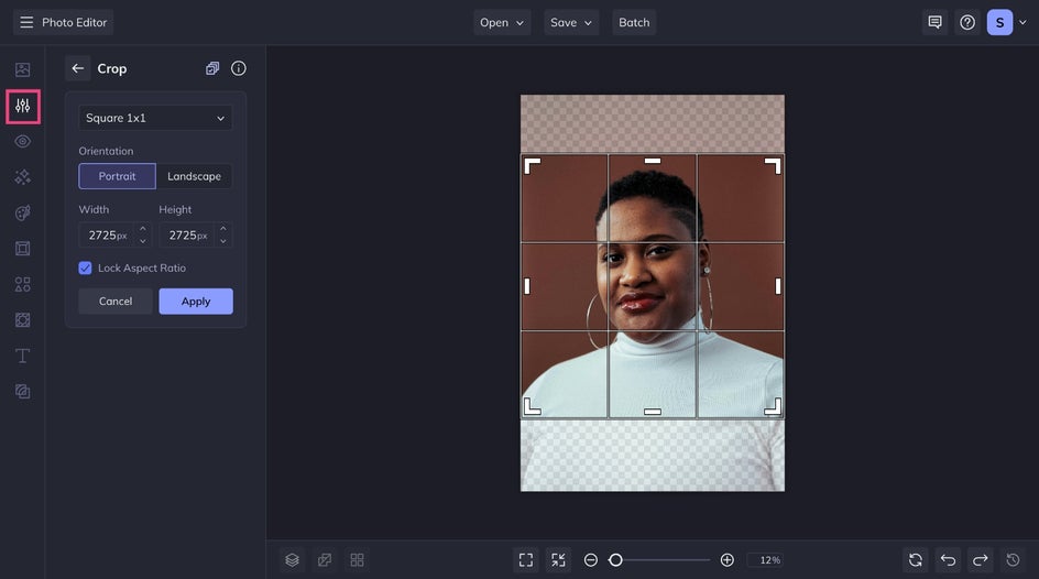 Edit tab square 1x1 crop tool for LinkedIn portrait