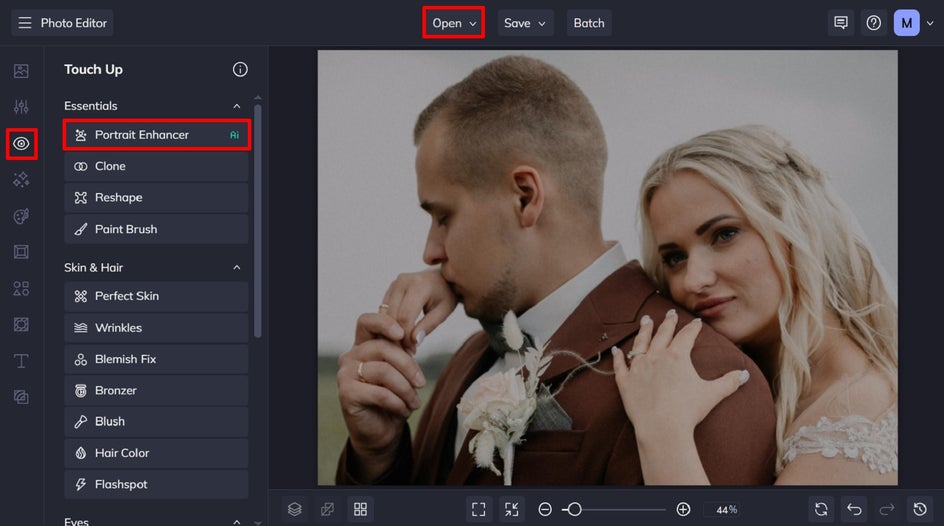 Opening a portrait in BeFunky’s Photo Editor under the Touch Up tab for editing
