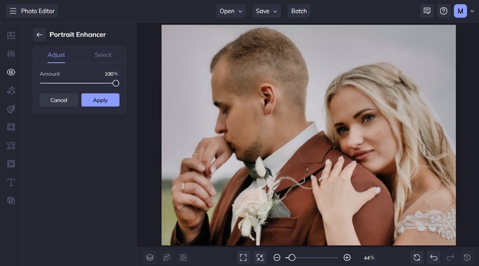 Adjusting BeFunky’s Portrait Enhancer slider to retouch a portrait photo