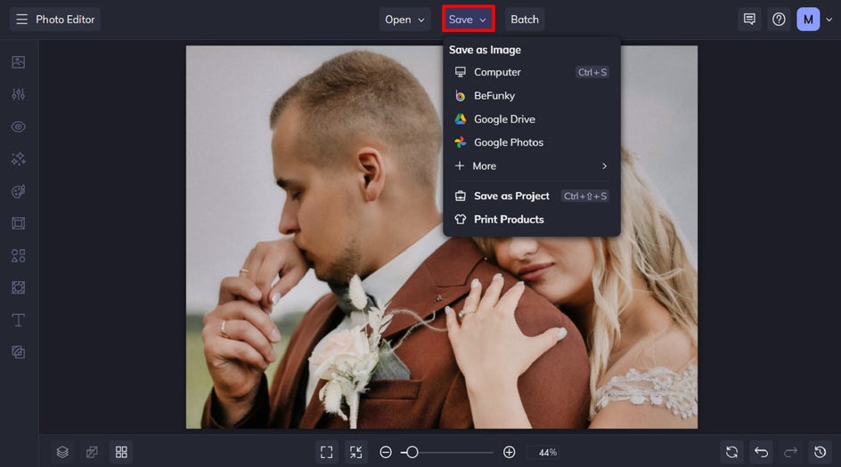 Saving the retouched event portrait after edits with BeFunky’s Portrait Enhancer