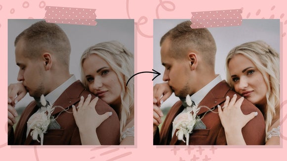 Featured Image: Before and after of married couple with poor lighting corrected by Portrait Enhancer