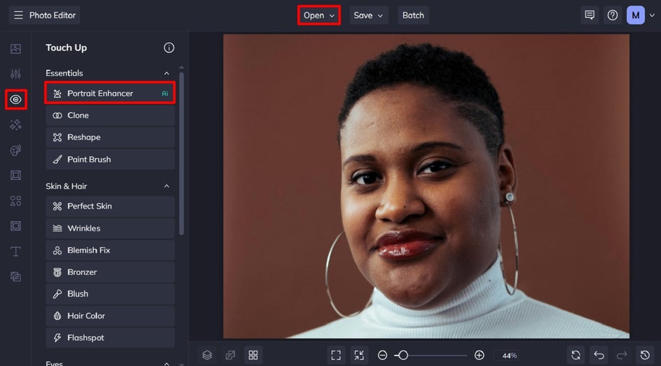 Opening a headshot in Touch Up tab