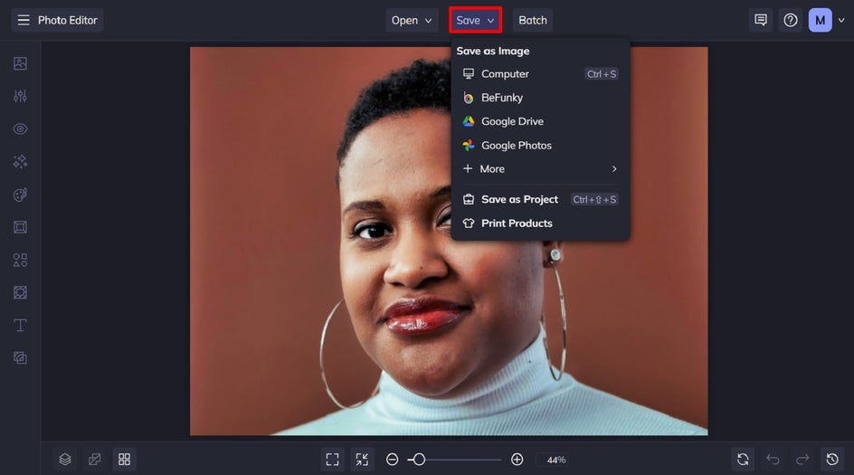 Saving an enhanced headshot edited with BeFunky’s AI tools