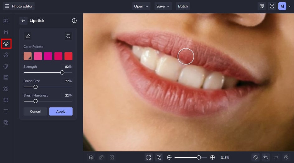 Enhancing a headshot with digital makeup like blush and mascara in BeFunky
