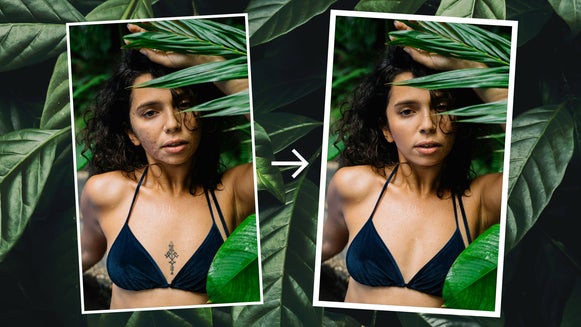 Featured image: before and after object eraser applied to female portrait in jungle setting
