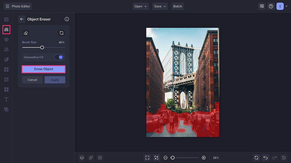 BeFunky Photo Editor showing object eraser highlighting unwanted people in photo.