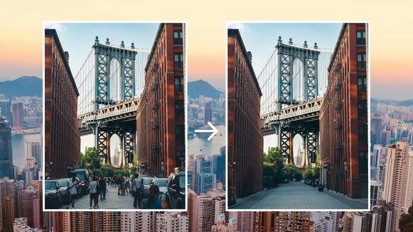 Featured Image: Before and After shots of object eraser on famous bridge photograph to remove people and cars.
