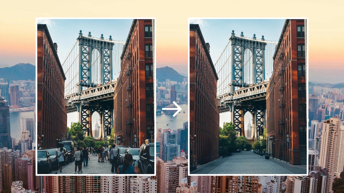 Featured Image: Before and After shots of object eraser on famous bridge photograph to remove people and cars.