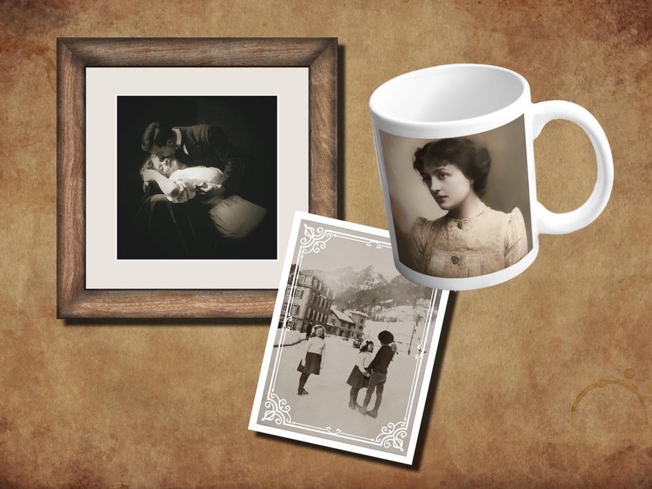 personalize mementos with restored old photos on mug, framed print, postcard.