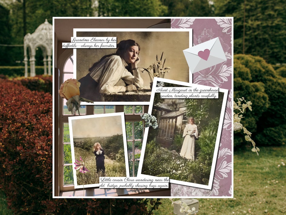 Final result of scrapbook tutorial with restored old photos, graphics, and text.