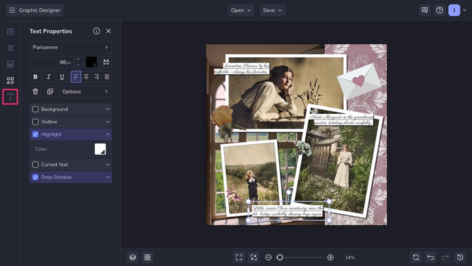 Text tab to add descriptions for old photo scrapbook