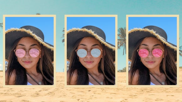 Featured Image: Paint Brush tool used to change the color of sunglasses in female portrait. Three seperate examples.