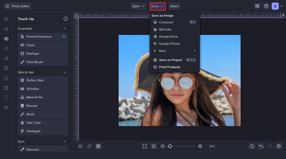 Save menu found on Canva from Touch Up tab