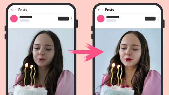 Featured: Social media photo of young woman blowing out candles before and after touch up tool makeover.