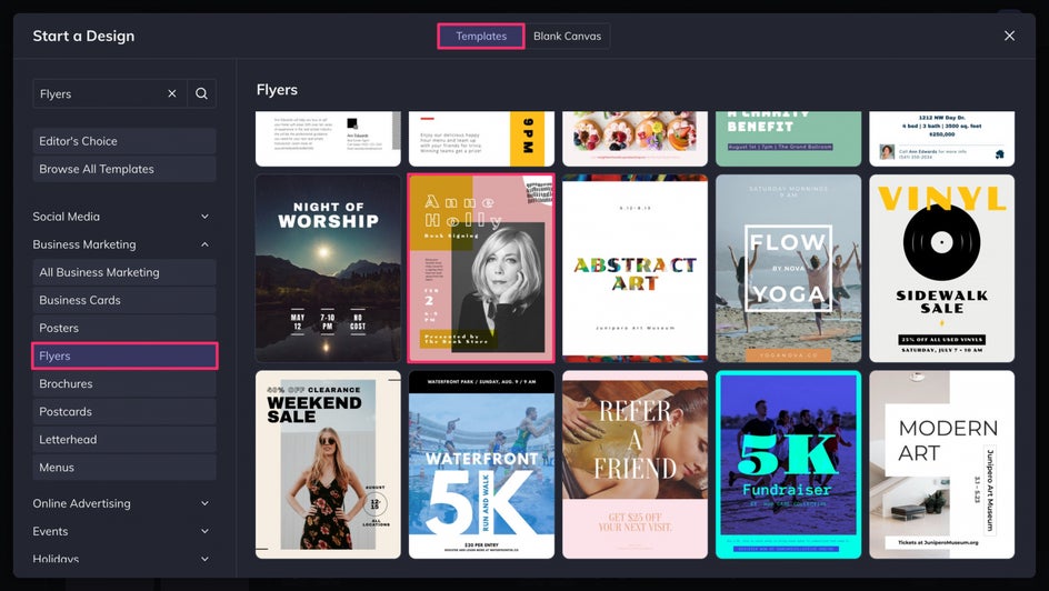 choosing a flyer template in the graphic designer library.