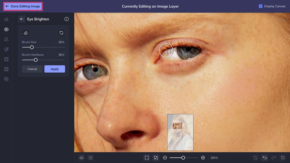 Close up of Eye Brighten tool applied to female portrait.