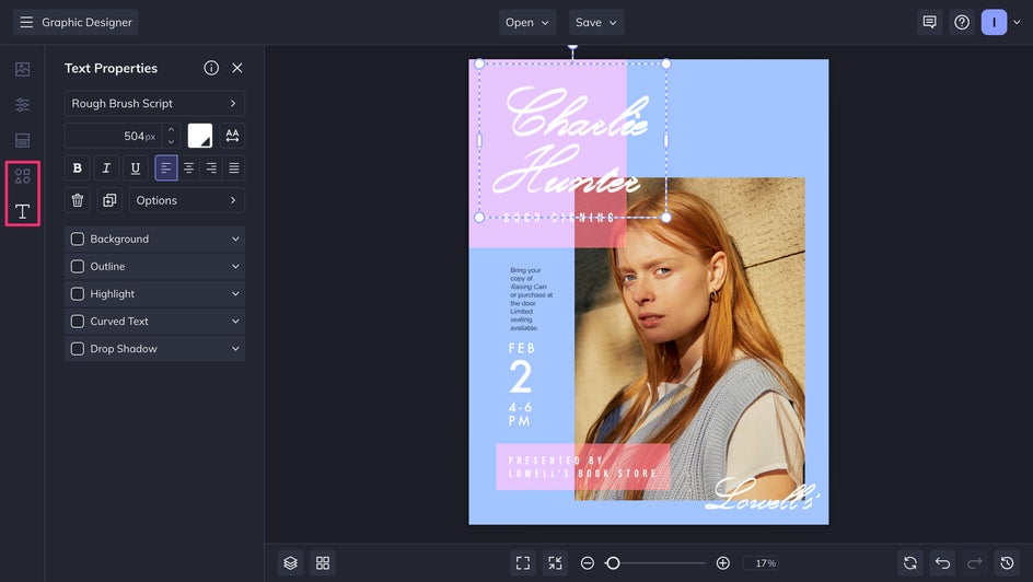 In Graphic Designer, edit the text and graphics for final touches.