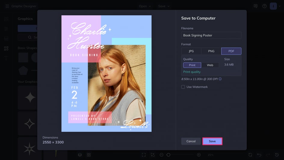 save menu for final graphic design enhanced by Touch Up tools.
